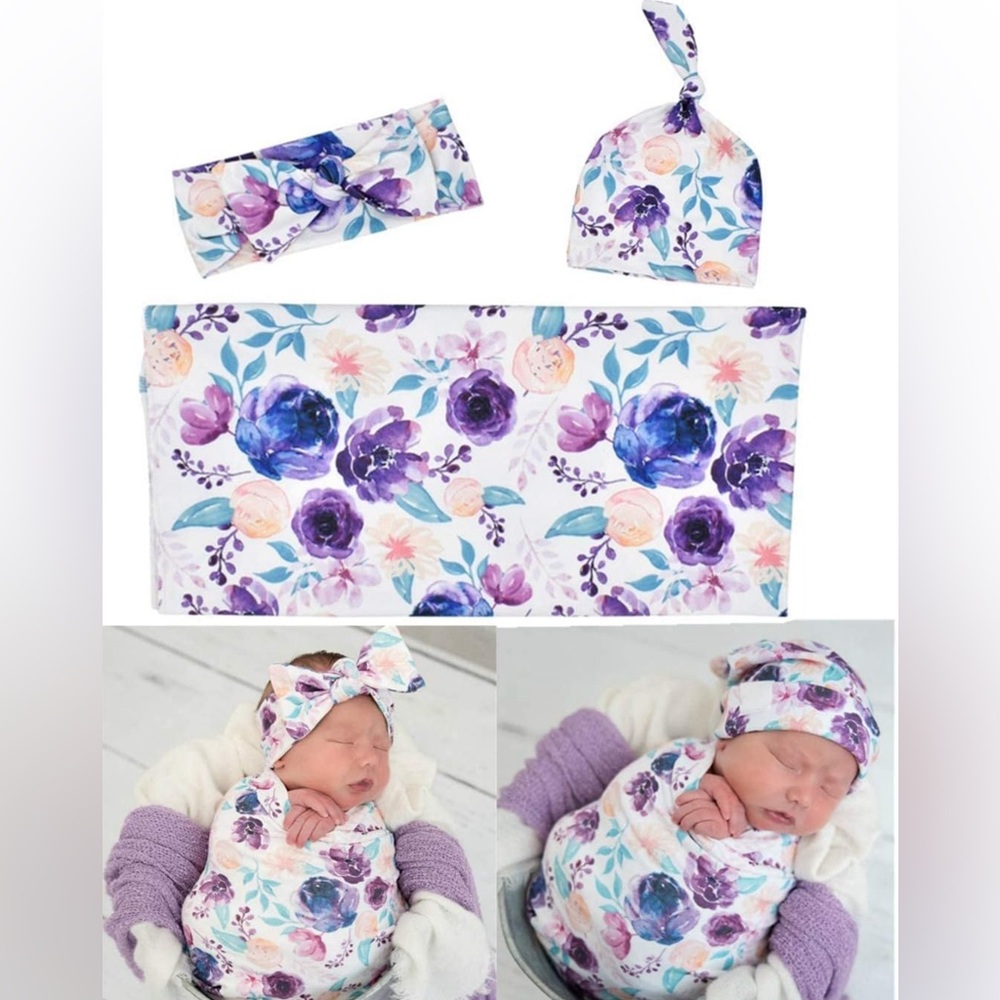 Newborn Baby Swaddle Blanket Beanie hat and headband set